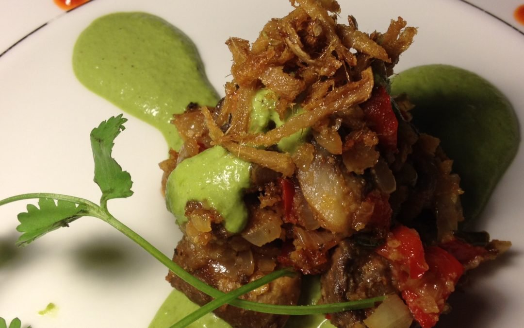 Pan seared Mushrooms in a Cilantro Basil Sauce with Candied Ginger