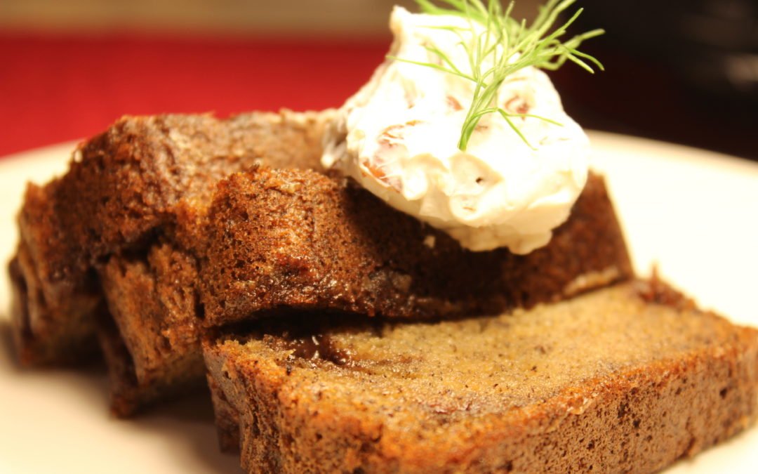 Buckwheat Banana Bread with Pecan Cream Cheese.