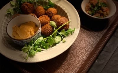 Falafels with tahini sauce, hummus & babaganoush